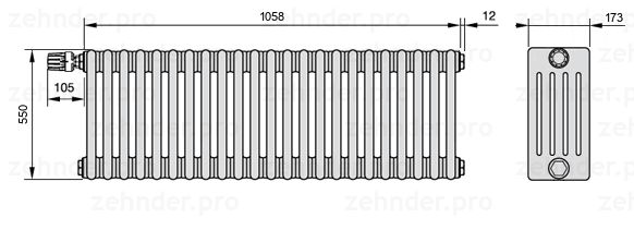 Схема (чертеж) Радиатор Zehnder Charleston 5055/23 №V011 Белый глянцевый RAL 9016